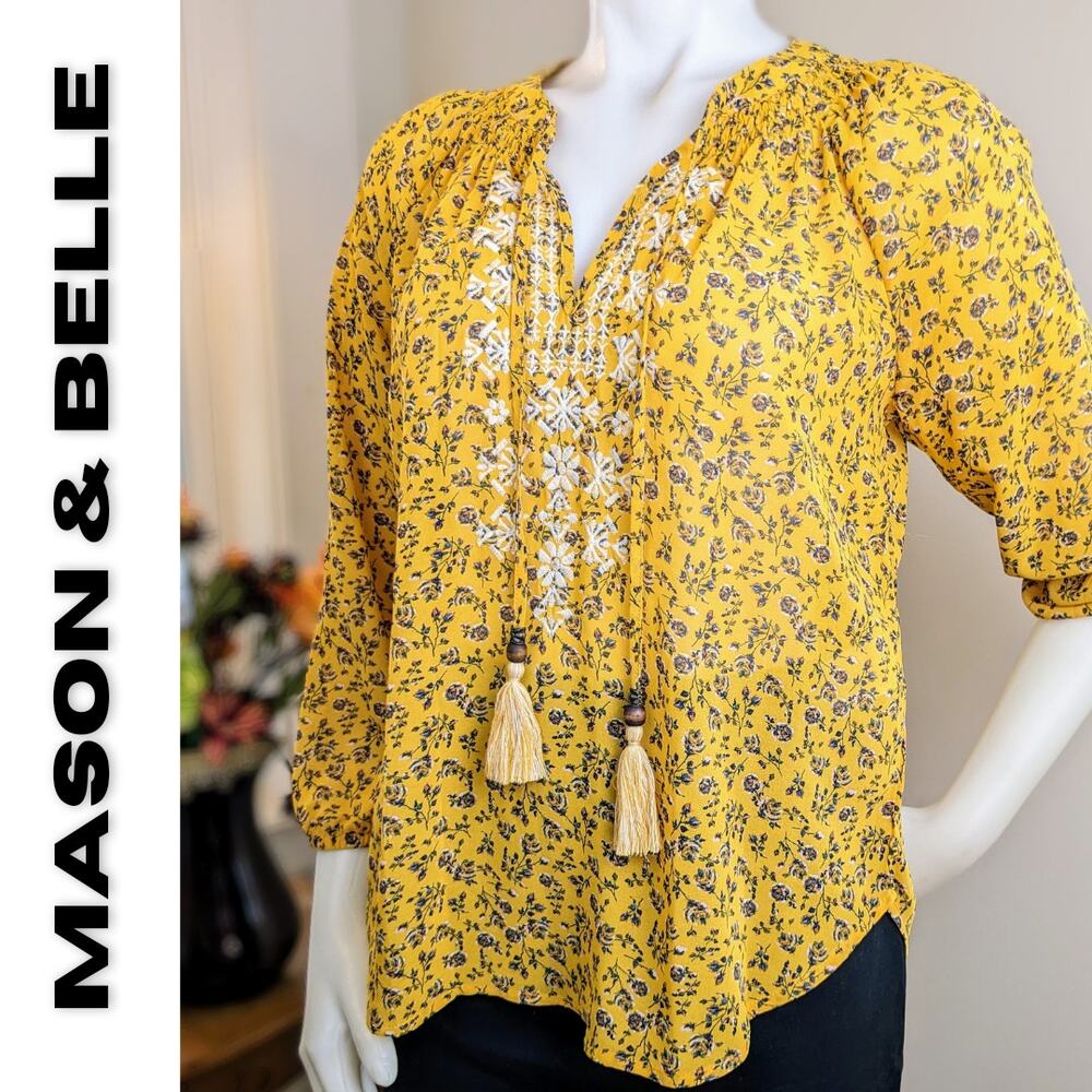 Mason & Belle Peasant Top Small Yellow Embroidered Floral Boho Flowy Cottagecore